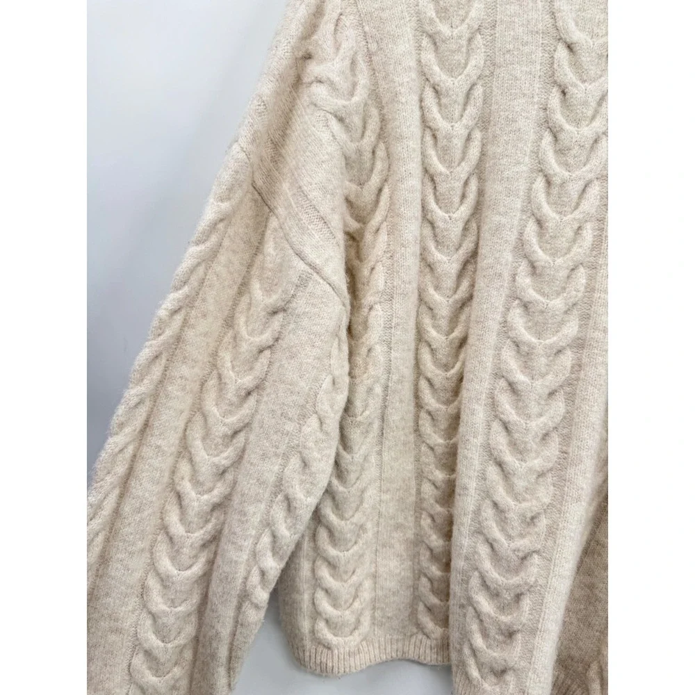 Joie Large Cable Knit Sweater Womens Oatmeal Beige Crew Neck Wool Blend CV172501